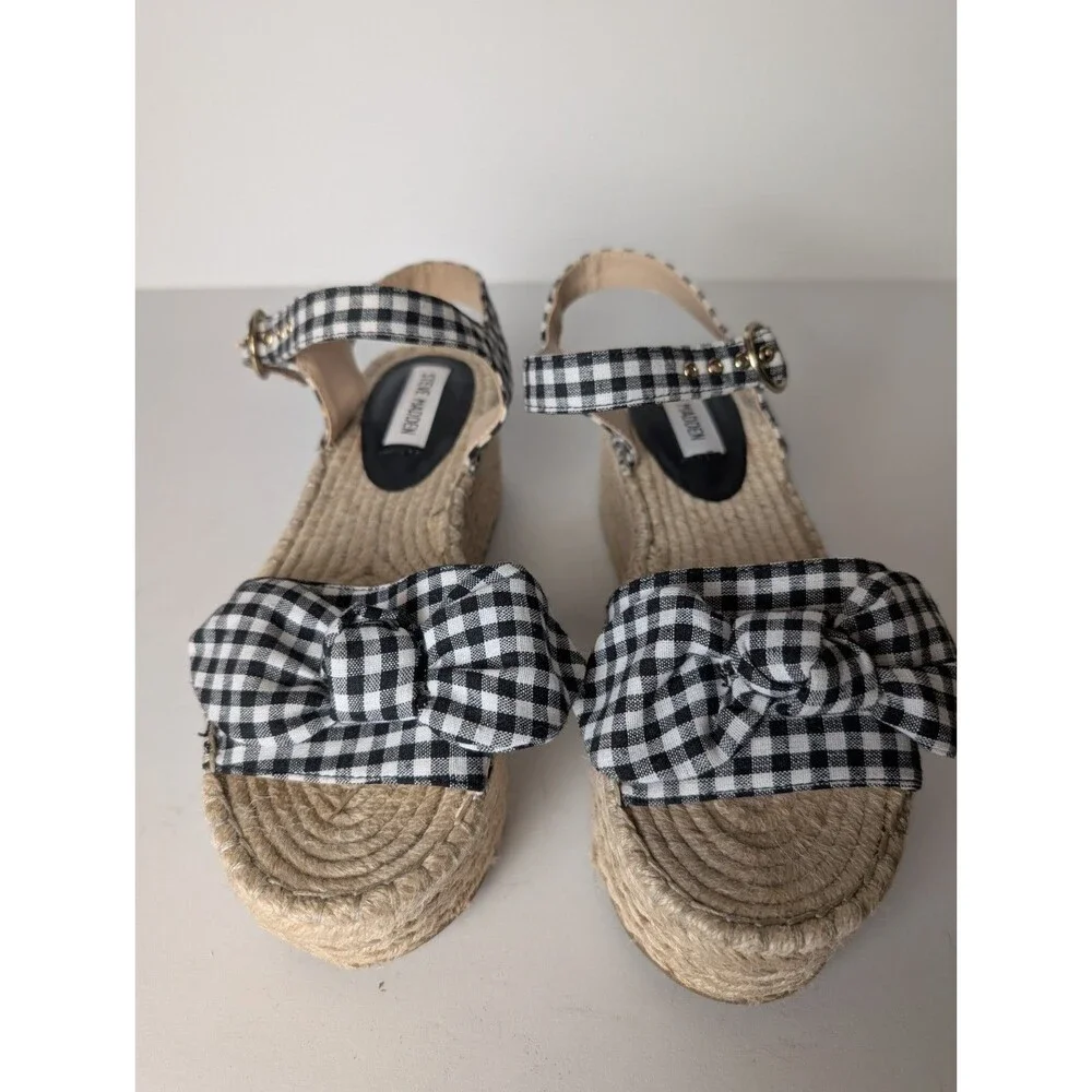 Steve Madden Union Espadrilles Shoes Gingham Bow Black White Size 8M Summer